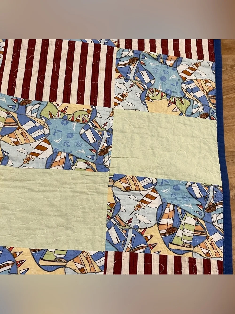 Handmade Nautical Theme Red White Blue Cottage Core 32.5” X 42.5” Baby Quilt